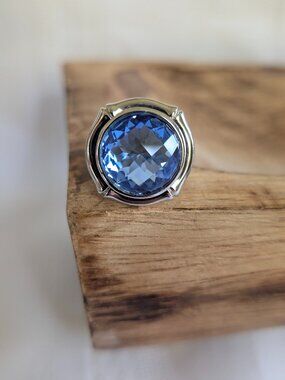 Elle Sterling Silver Blue Topaz Checkerboard Cut Dramatic Cocktail Ring Sz 7